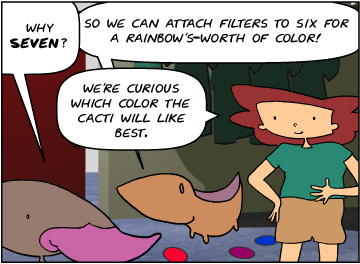 Zeke: Why seven? | Meg: So we can attach filters to six for a rainbow-worth's of color! | Bridget: We're wondering which color the cacti will like best.