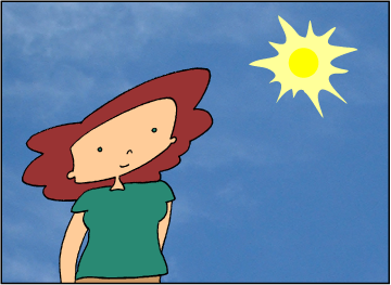 Bridget looks up into the sky, at the Sun.