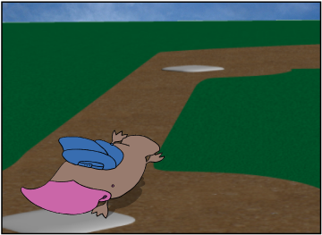 Zeke slides into home base on a baseball field.