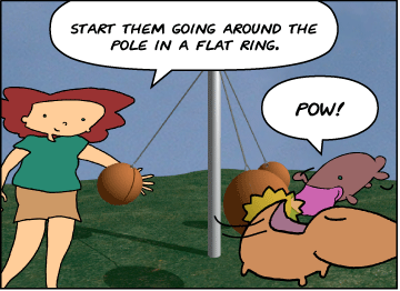 Our friends have relocated to a tetherball court. | Bridget: Start them going around the pole in a flat ring. | Bridget, Meg and Zeke all hit tetherballs counter-clockwise around a tetherball pole. | Zeke: Pow!
