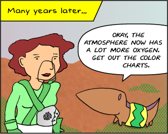 Many years later. | Bridget, now an adult, is wearing a kind of mesh suit and a filter mask. Meg is wearing an oxygenated serape. | Meg: Okay, the atmosphere now has a lot more oxygen. Get out the color charts.